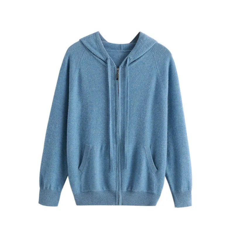 Men's hooded cashmere cardigan with zipper front in solid colours for work wear