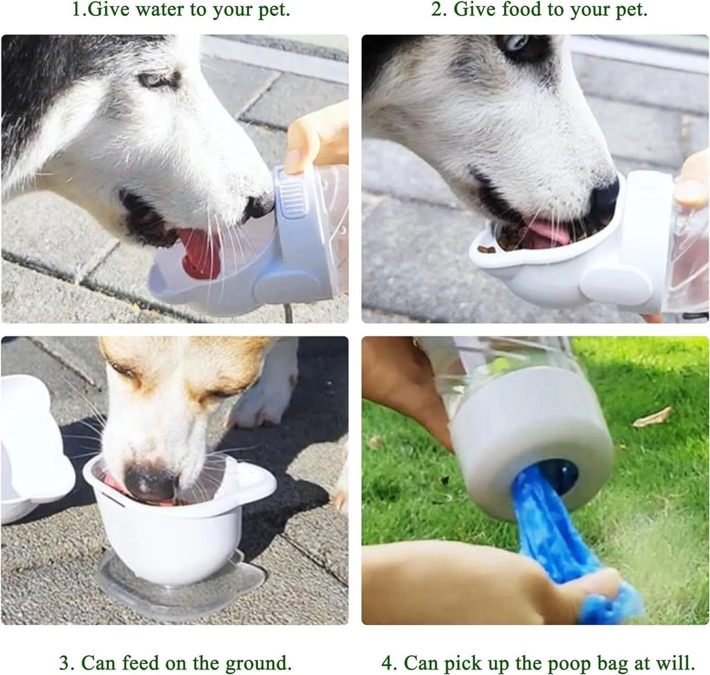 Green 3-in-1 portable pet water bottle with food container and poop bag dispenser, shown with carrying strap.