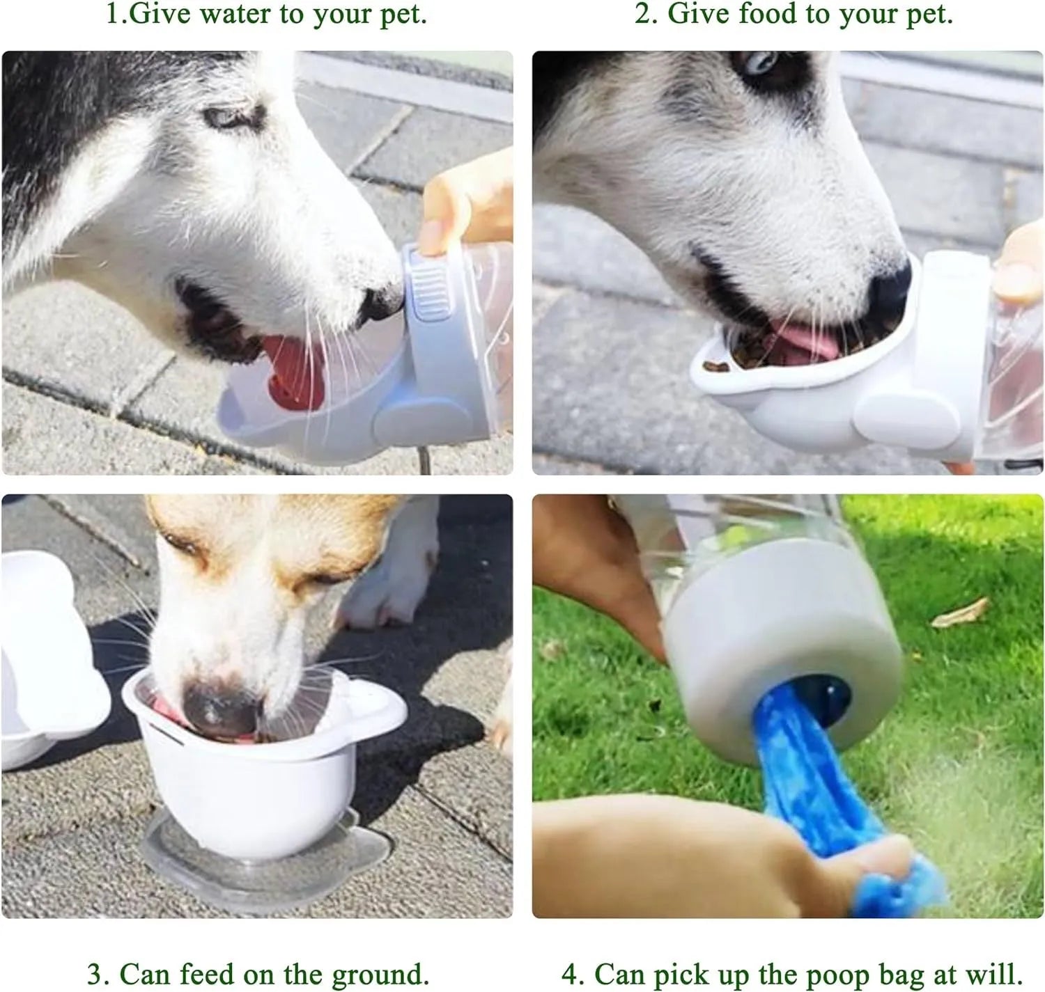Green 3-in-1 portable pet water bottle with food container and poop bag dispenser, shown with carrying strap.