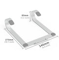 Silver aluminium alloy laptop riser bracket on a desk, showing its open frame design and 150mm height.