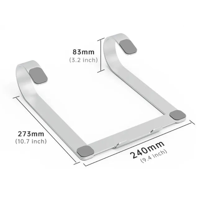 Silver aluminium alloy laptop riser bracket on a desk, showing its open frame design and 150mm height.