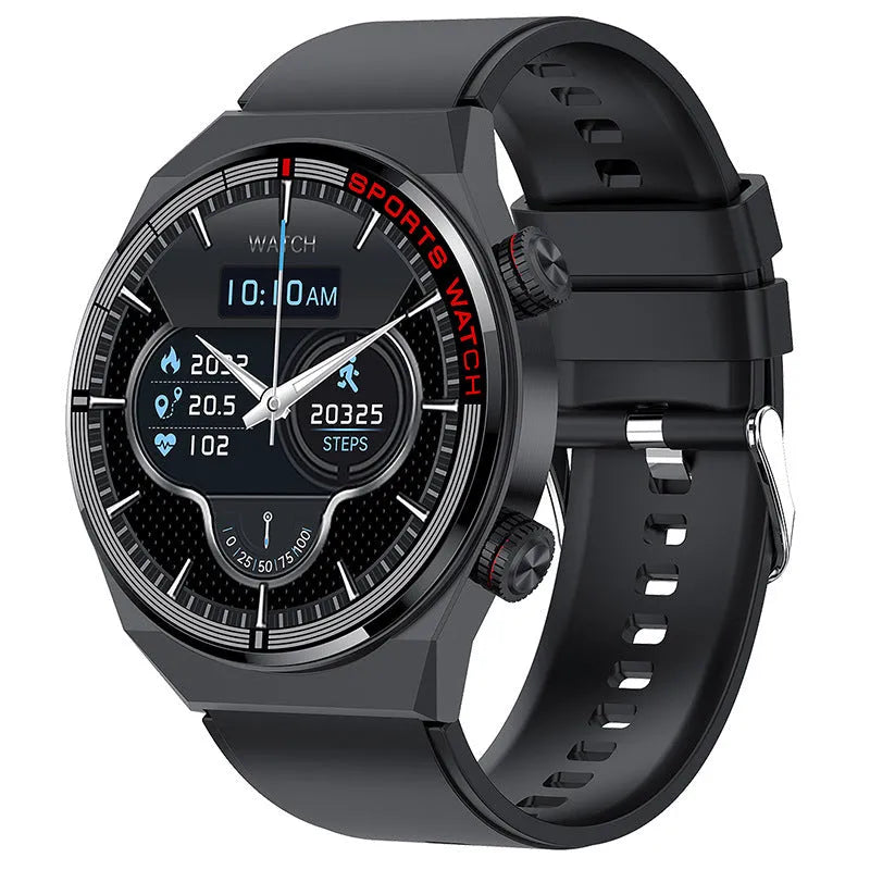 Black smartwatch with rotary key, leather strap, and 1.3-inch screen displaying health metrics.