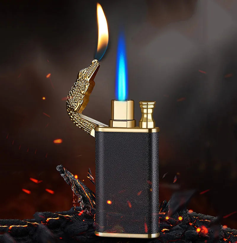 Metal windproof lighter with dragon sculpture and double blue flame