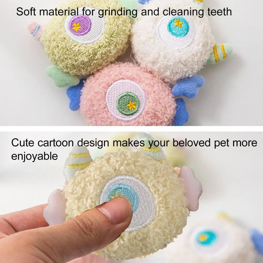 Cartoon plush dog chew toy with big eyes and squeaky sound feature.