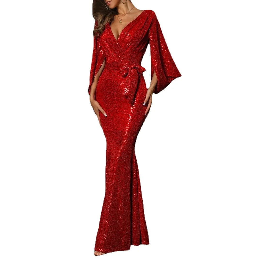Red sequin fishtail dress with high waist and side slit, long skirt, 3/4 sleeves, polyester fibre
