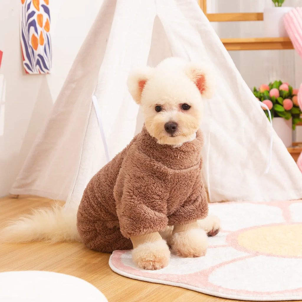 Blue double-sided thick plush four-legged dog clothing with a high collar and a back towing ring.