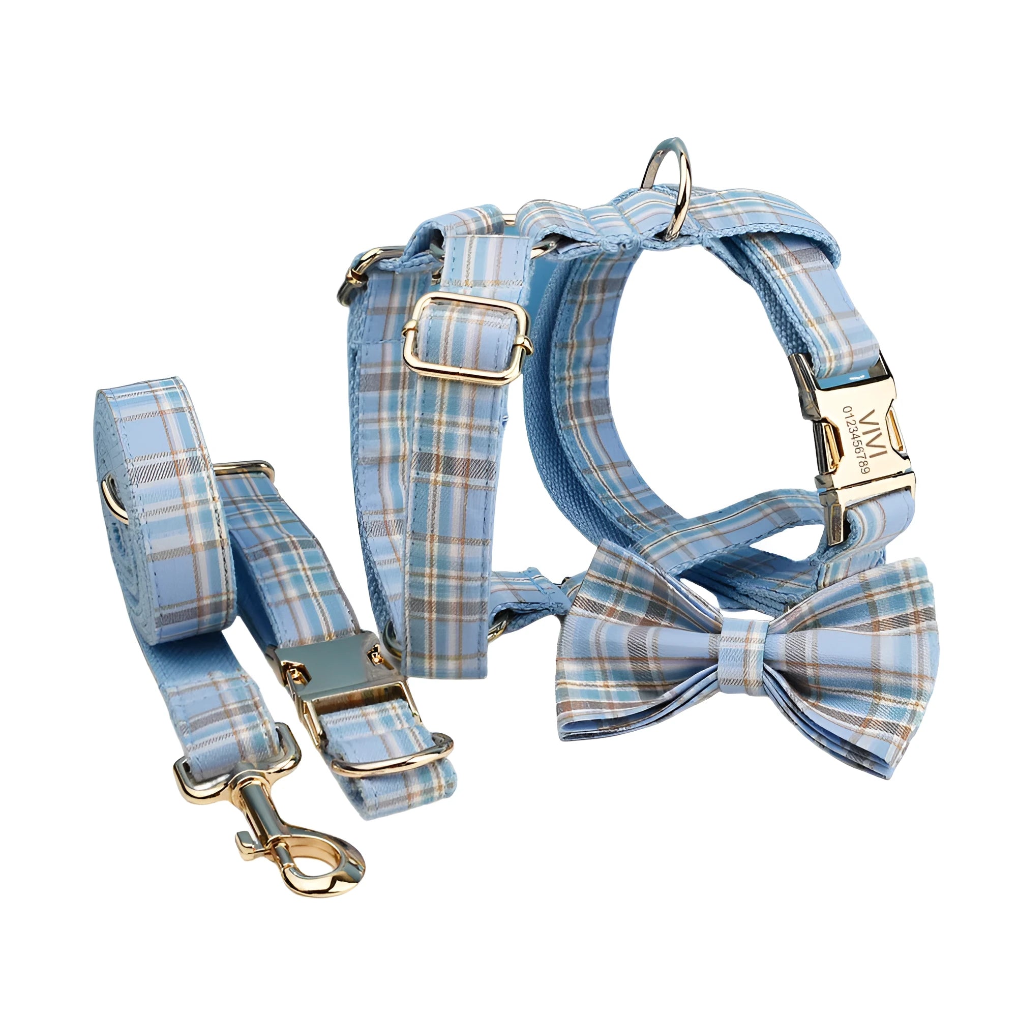 Sky blue grid forest pattern dog collar, leash, bow, and vest four-piece set on white background