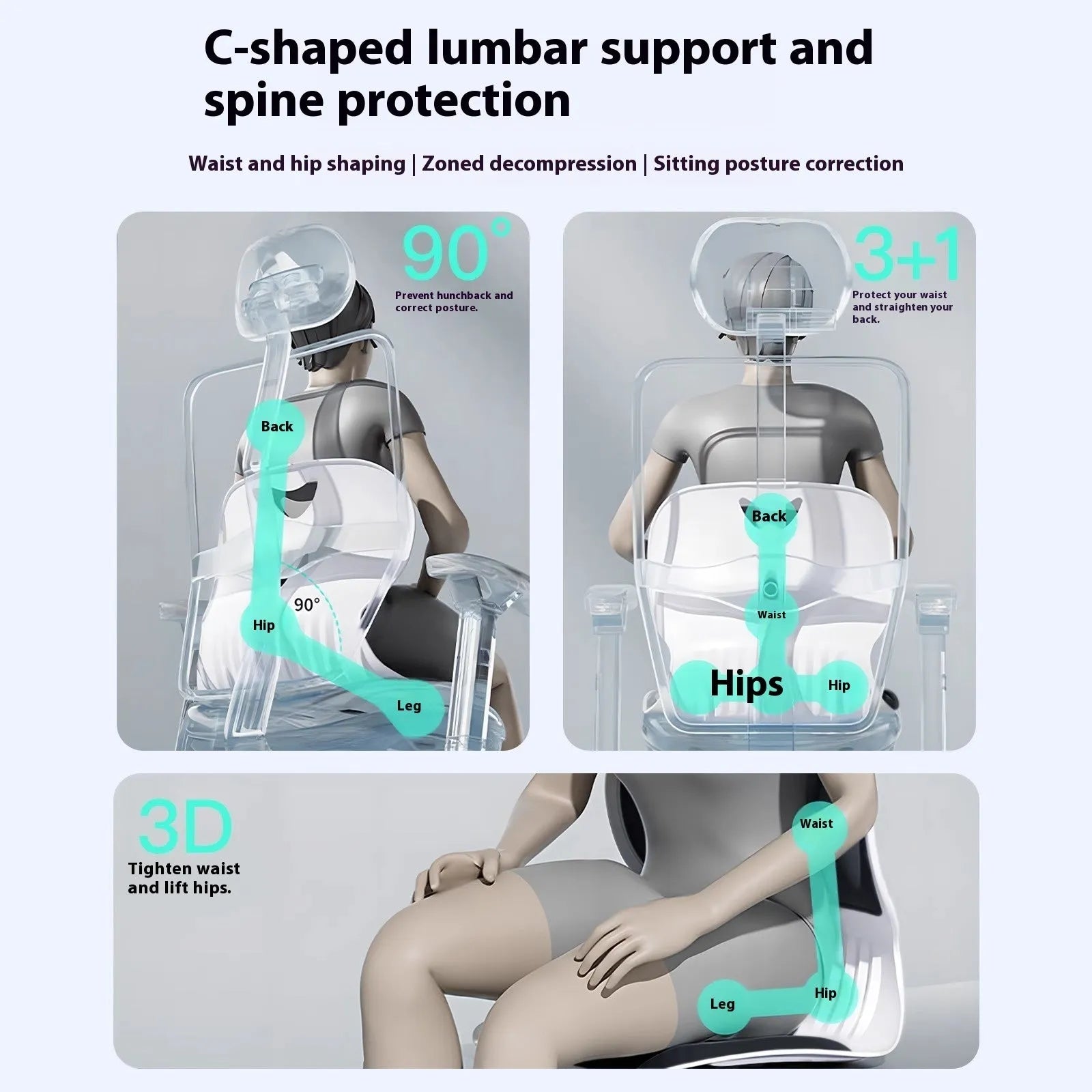 Japanese-style grey lumbar support cushion for office chair with sponge filling
