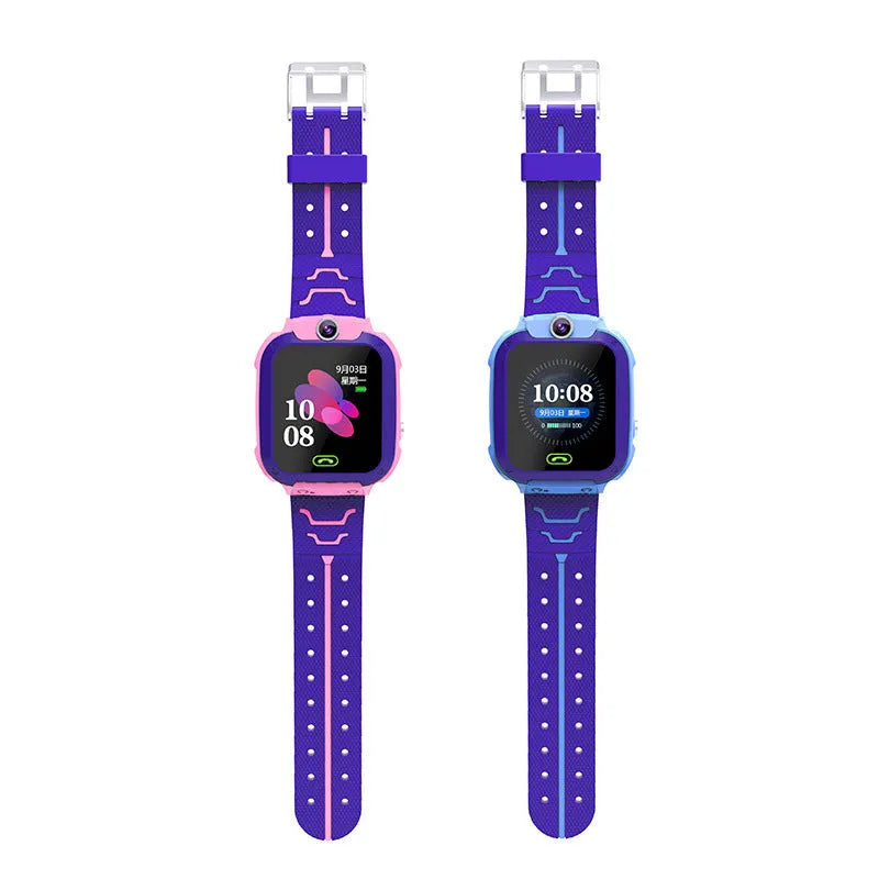 Blue children's waterproof smartwatch phone with colour screen showing GPS and calling functions on a silicone strap.
