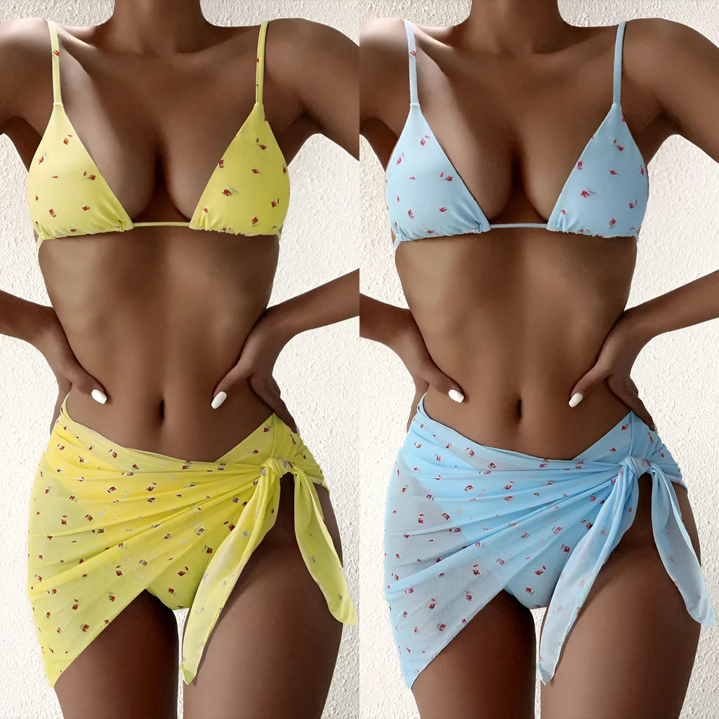 Women's beach style printed swimsuit three piece set in blue with polyester fabric, sizes S to XL