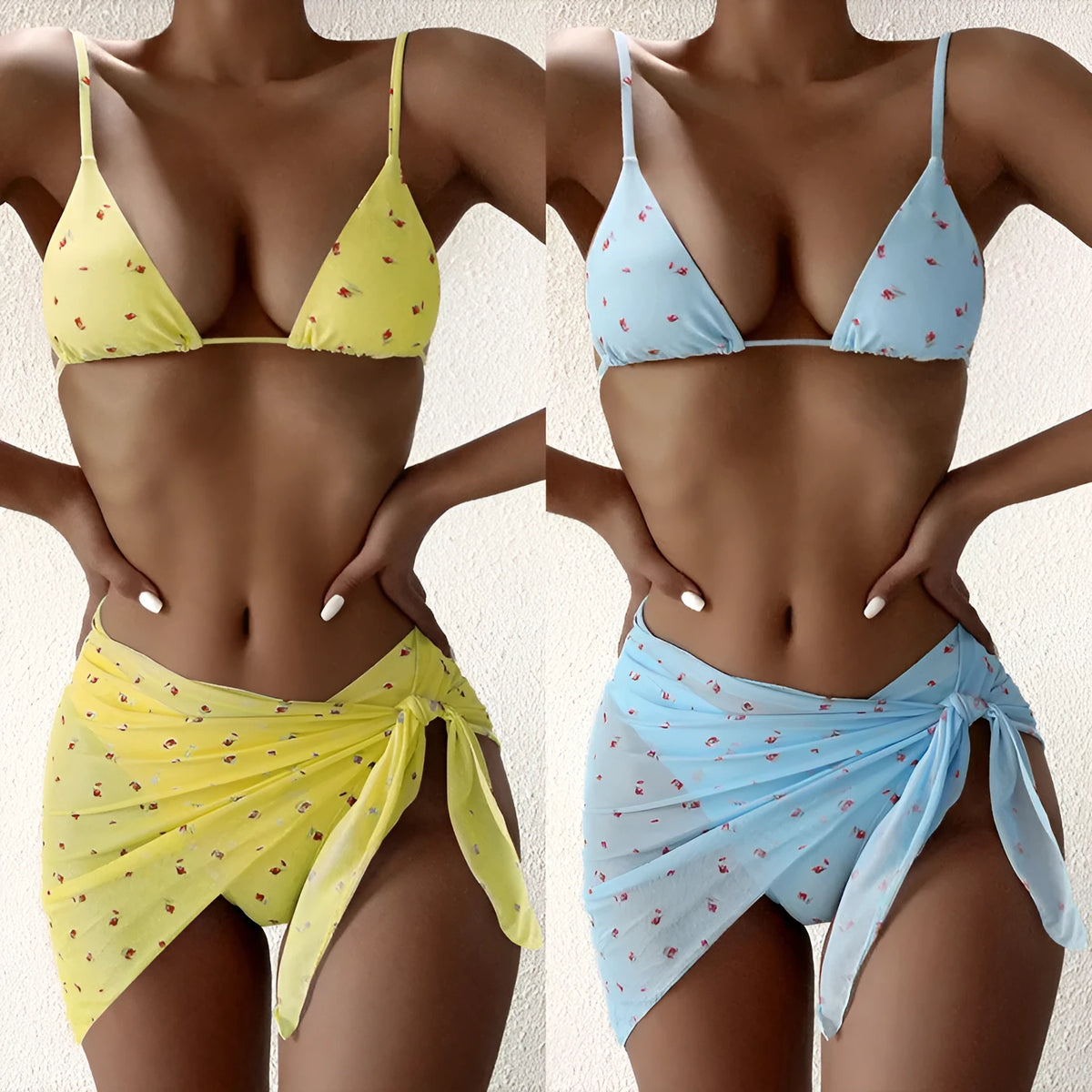 Women's beach style printed swimsuit three piece set in blue with polyester fabric, sizes S to XL