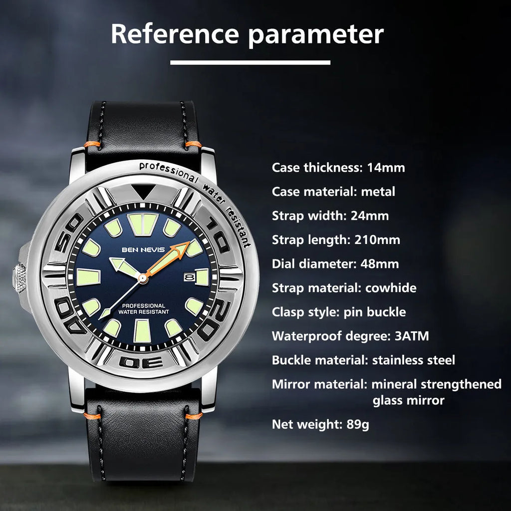 Business men's quartz watch with blue dial, 48mm, luminous hands, and calendar display