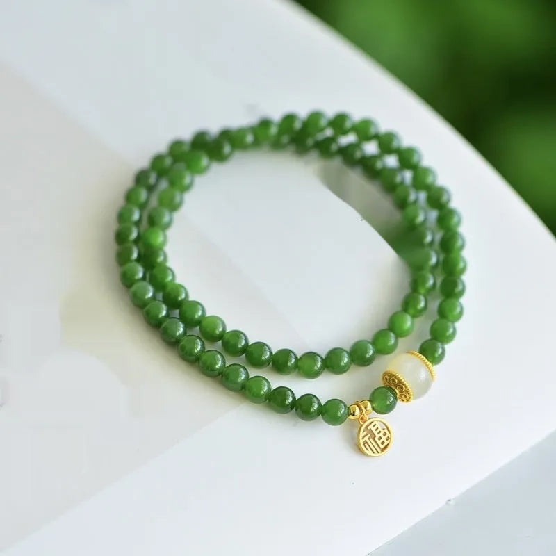 Women's double circle Hetian jade bracelet with fu character in original geometric design
