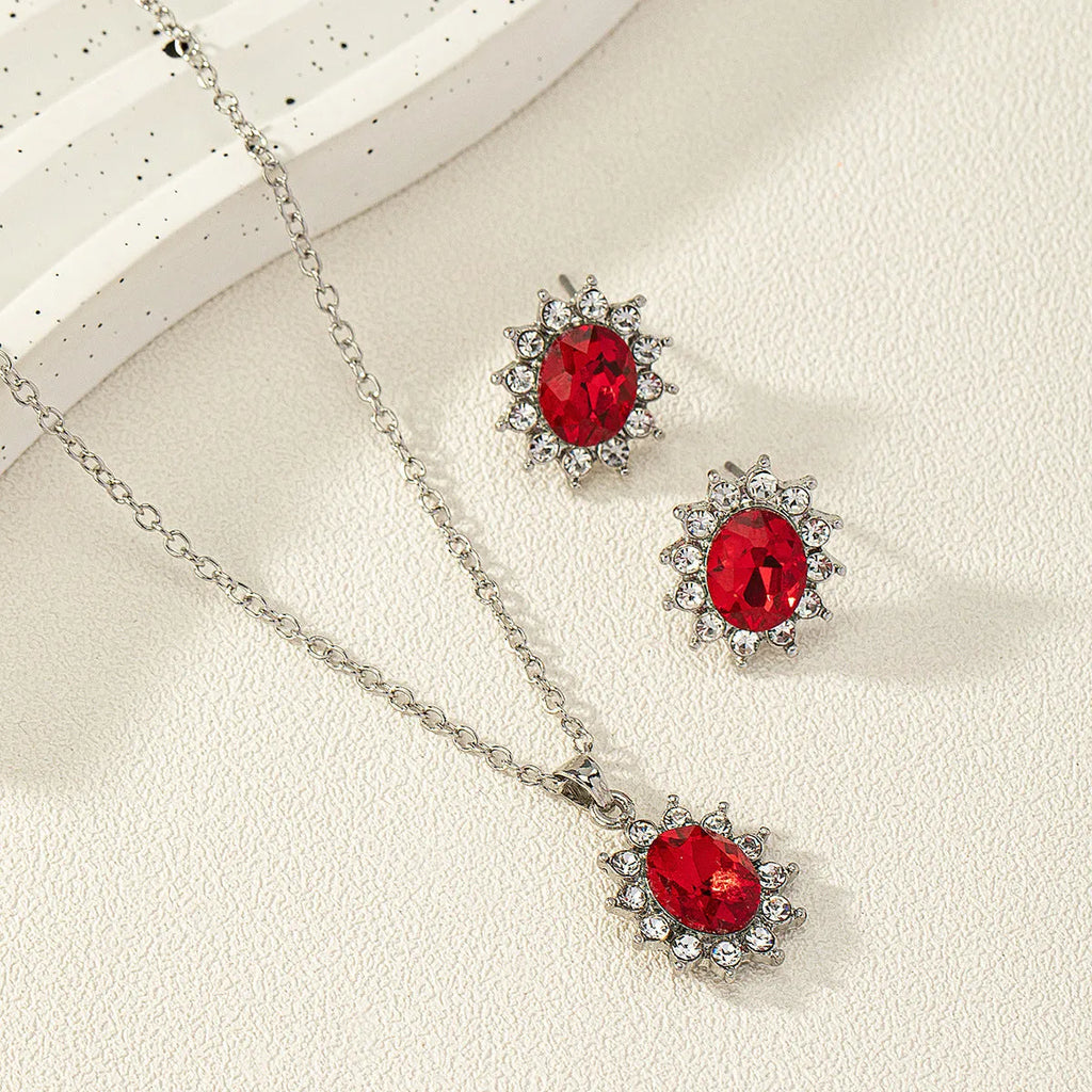 Sunflower zircon ear stud and necklace set in alloy electroplated finish, shown in colour option, on women