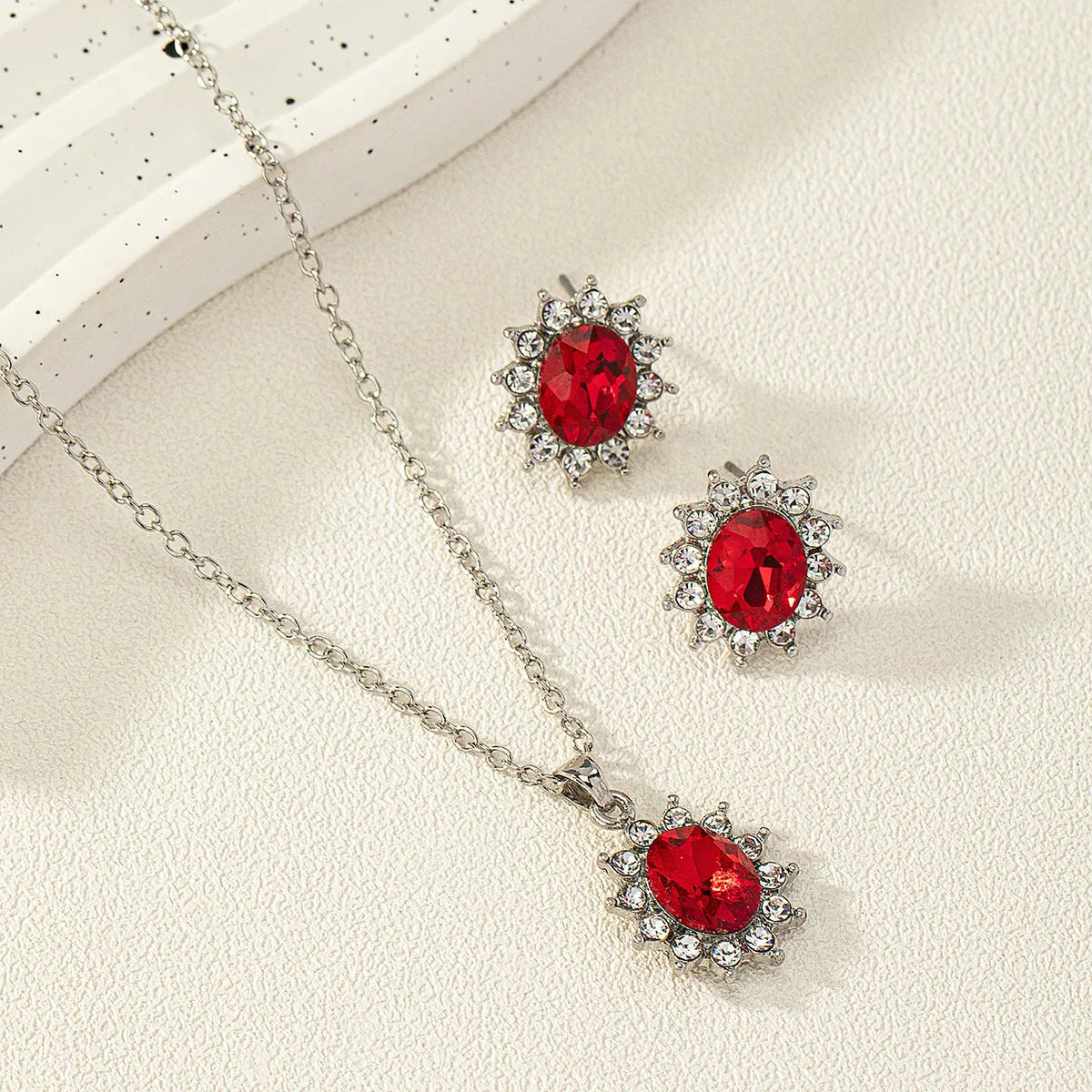 Sunflower zircon ear stud and necklace set in alloy electroplated finish, shown in colour option, on women