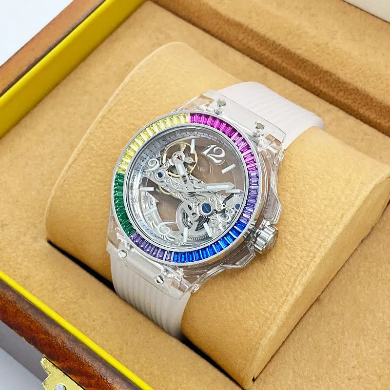 Full-automatic hollow large dial mechanical watch with transparent surface and white strap