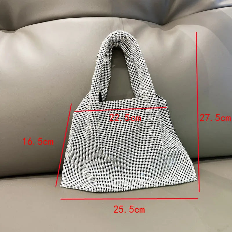 Silver evening handbag with shiny rhinestone decoration and cotton thread construction