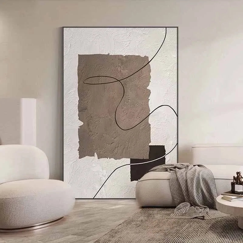 Hand-painted abstract oil painting canvas wall art rolled frameless brown beige minimalist lines