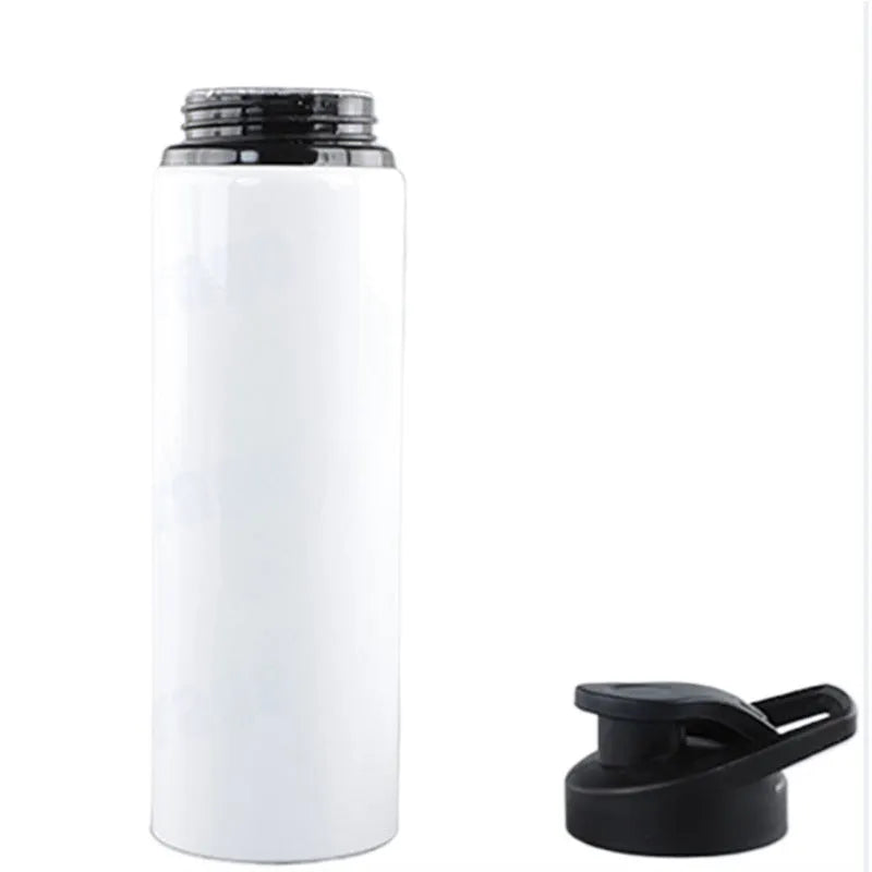 White aluminium sports water bottle for cycling, shown with 600ml and 750ml capacity options.