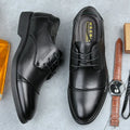 Men's black formal leather lace-up shoes with stitching detail and rubber sole