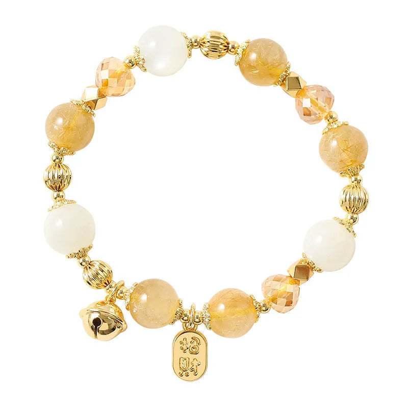 Korean style gold rutilated quartz crystal bracelet with electroplated Lucky Fortune finish