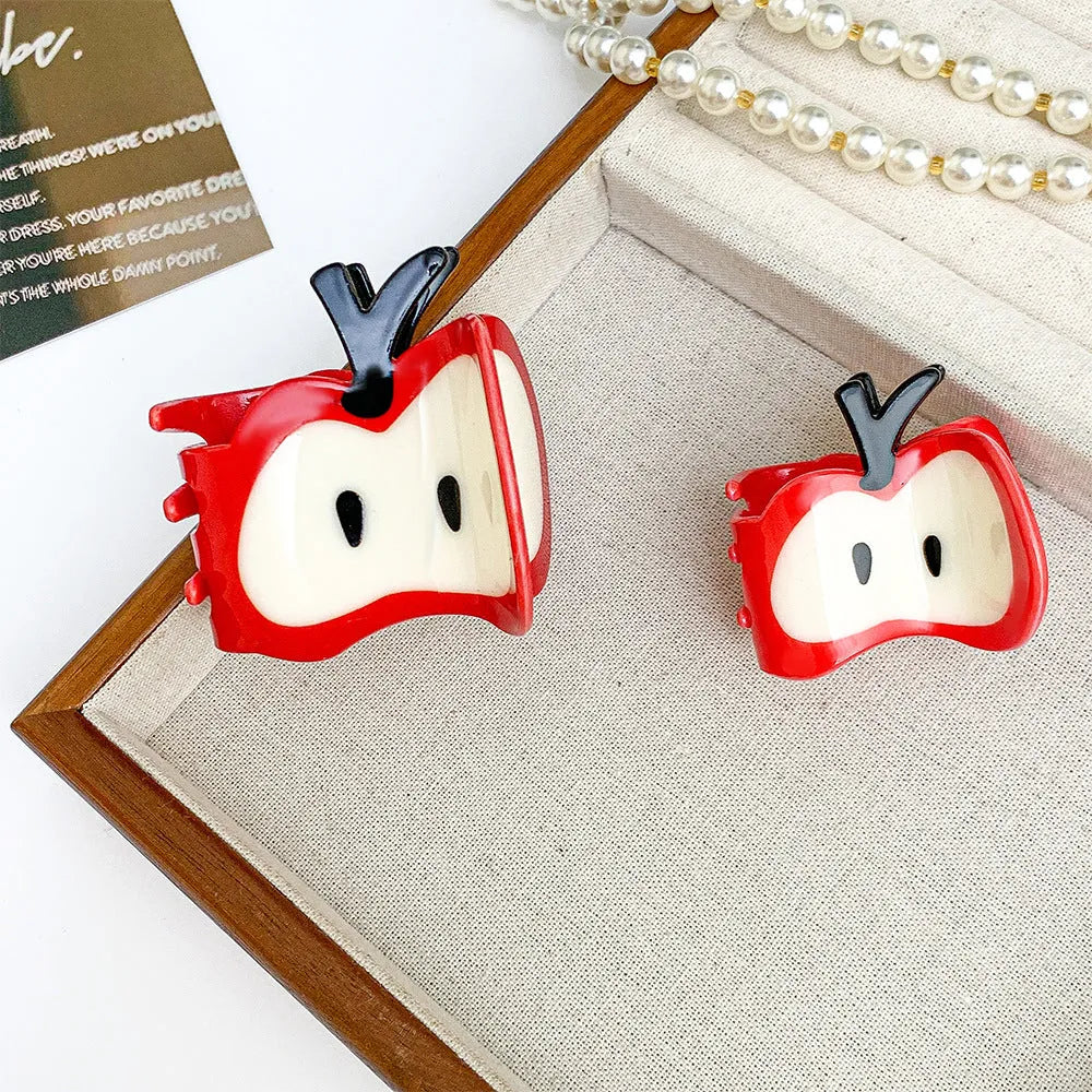 Large red spliced handmade hair clip with apple design, 6.5cm length, mixed material, for women