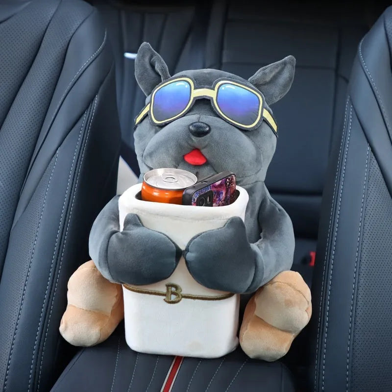 Plush car tissue box with creative dog design hanging on flip armrest box, 27x33cm