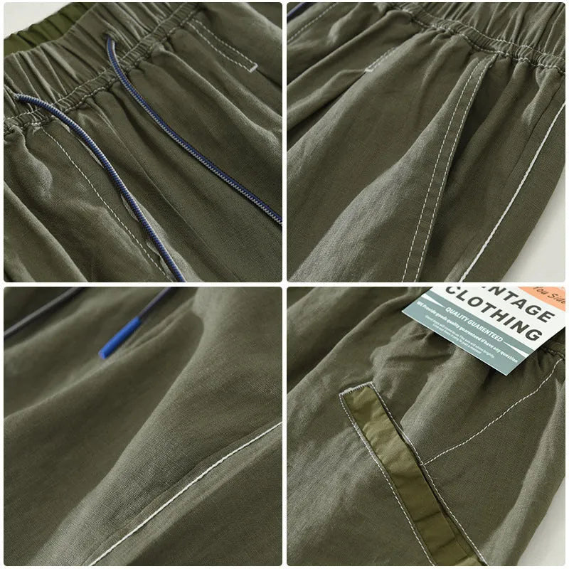 Men's loose straight leg linen shorts in green with drawstring waist and mid thigh length