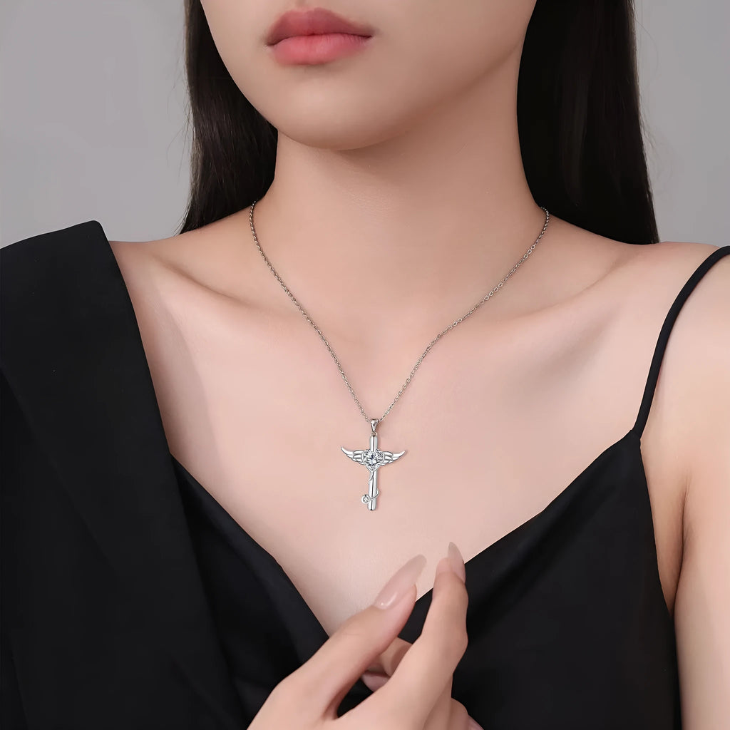 Wings cross stethoscope copper necklace with electroplated finish in red diamond or white diamond colour options