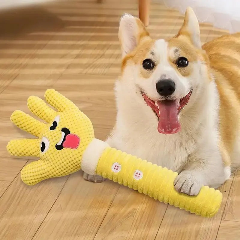 Yellow palm-shaped squeaky plush dog teething toy with bite-resistant fabric, soft texture, and compact size for puppy chewing play