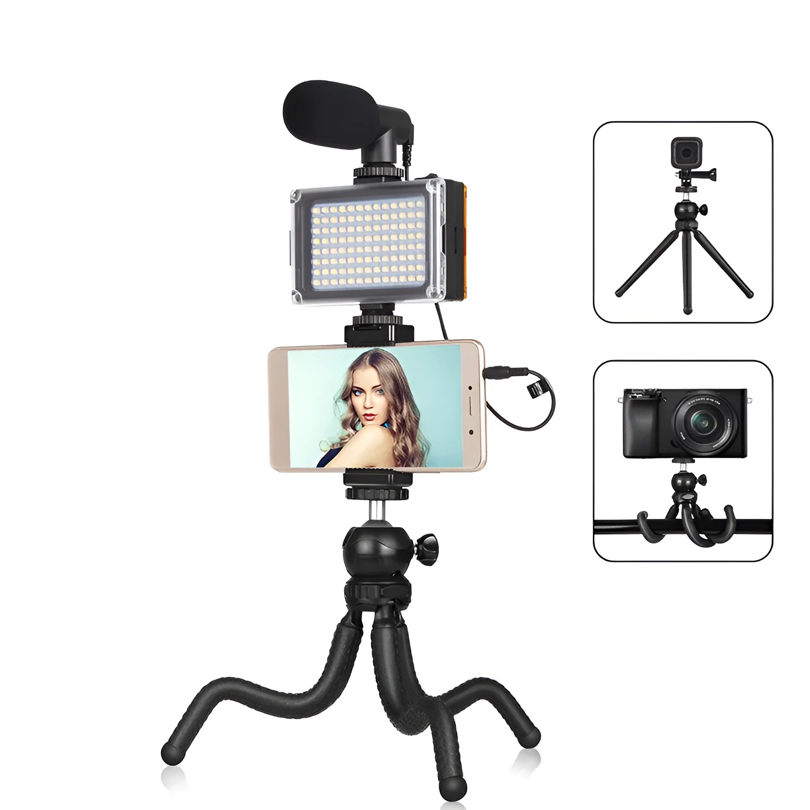 Black flexible mini tripod with rubber-coated legs and a 360-degree rotating ball head