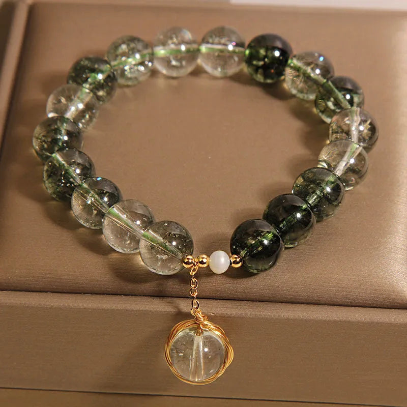 Natural chorite crystal bracelet with green phantom quartz beads in Japanese Korean style
