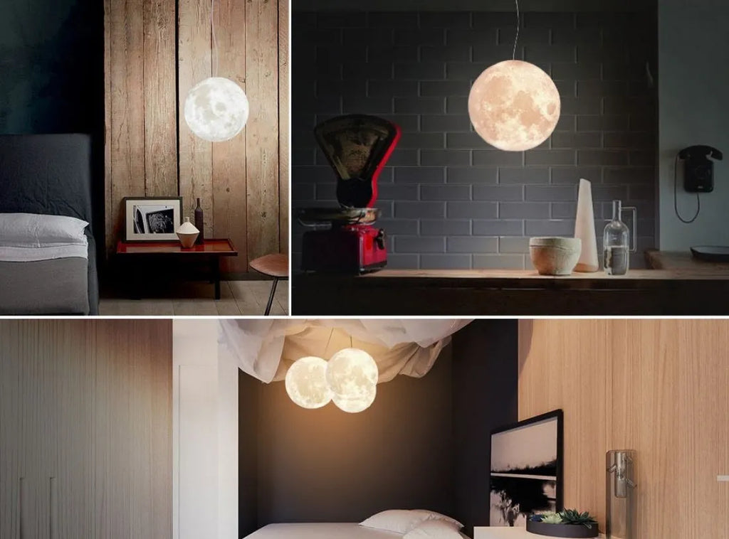 LED moon light chandelier with 3D printed shade, remote control 16 colours, adjustable height, solid wood hanging line