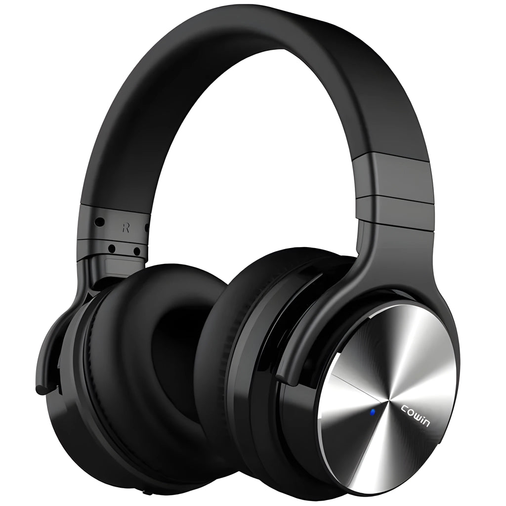 Male wireless Bluetooth headset head mounted in black with padded ear cups and adjustable headband