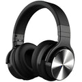 Male wireless Bluetooth headset head mounted in black with padded ear cups and adjustable headband