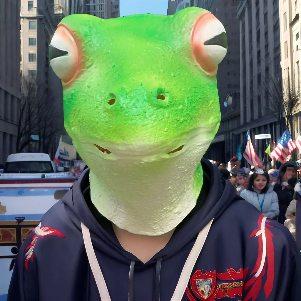 Realistic red-eyed frog latex mask with green and red colouring