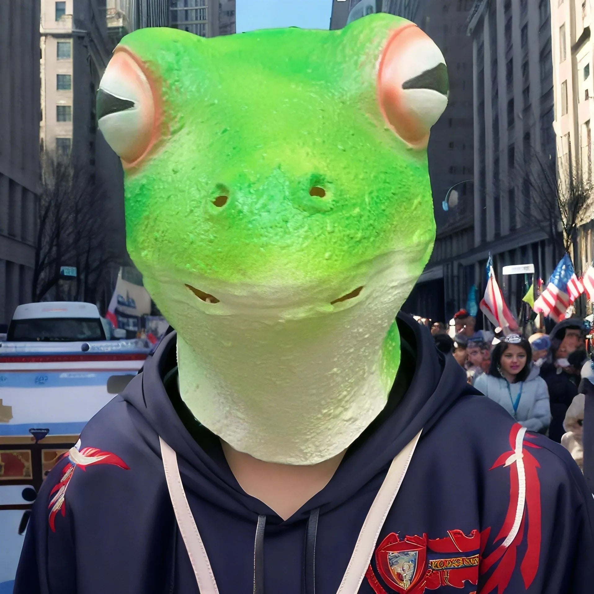 Realistic red-eyed frog latex mask with green and red colouring