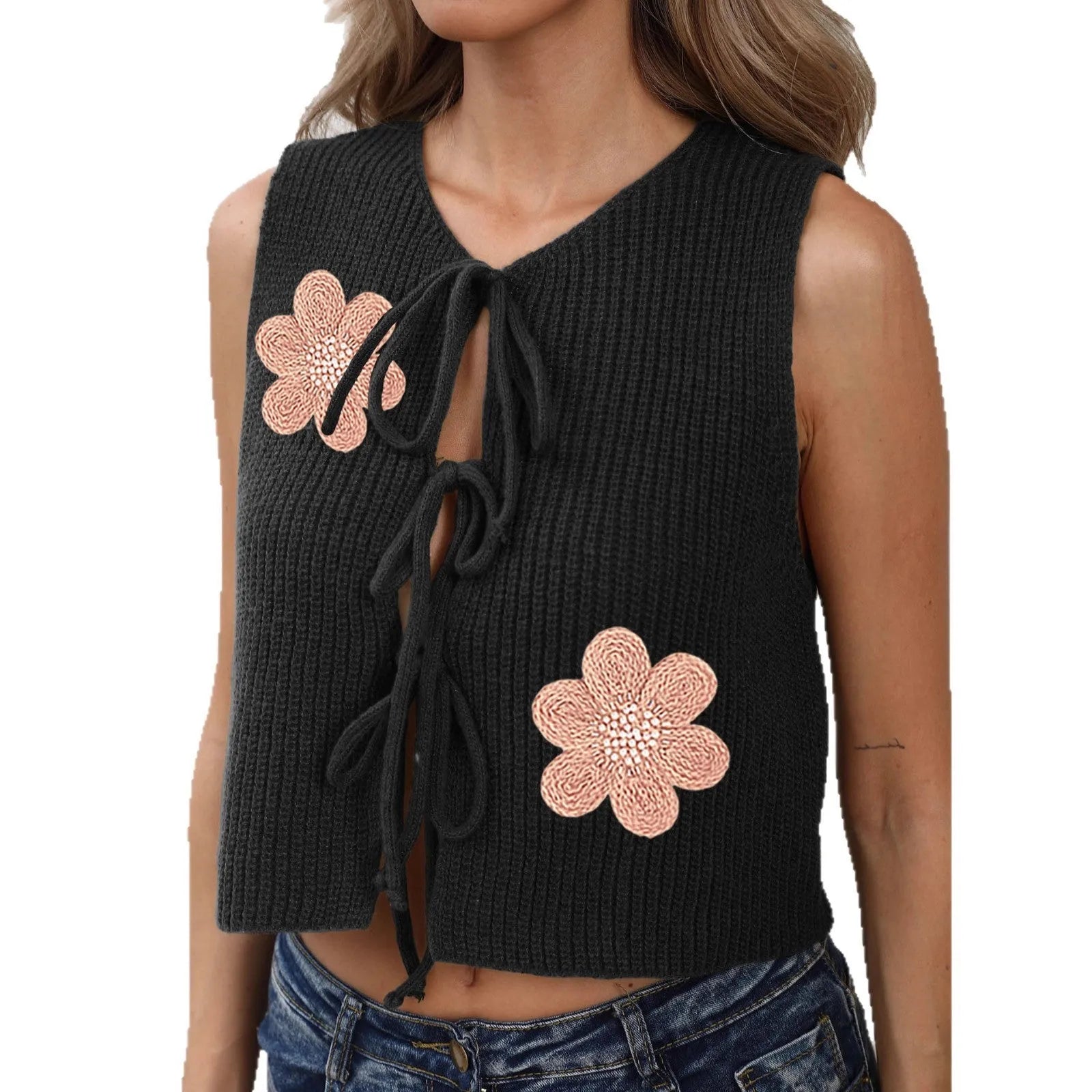 Ladies' sleeveless cardigan vest with lace-up bow and floral pattern in deer plush fabric