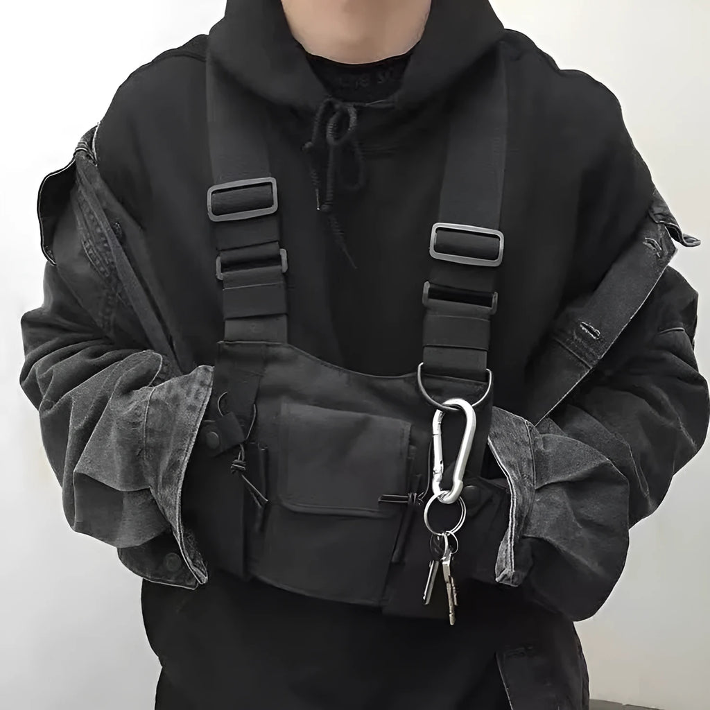 Black tactical tooling chest bag for men with Oxford cloth, striped pattern, and nylon lining