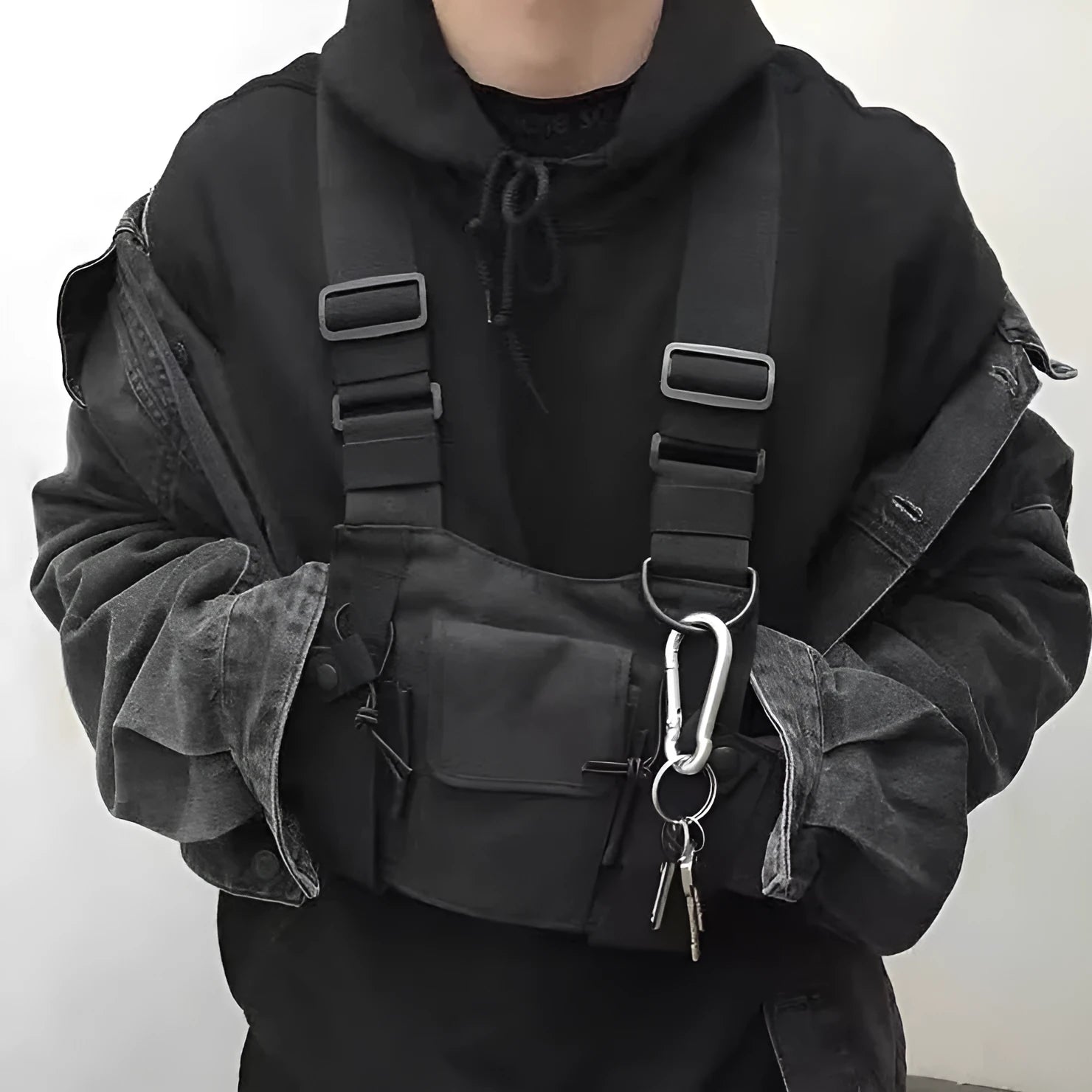 Black tactical tooling chest bag for men with Oxford cloth, striped pattern, and nylon lining
