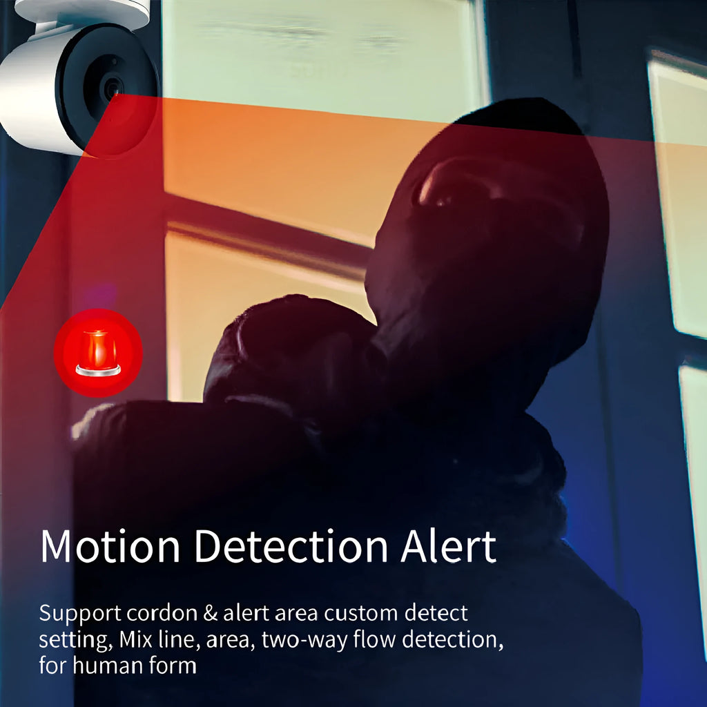 White indoor dome security camera with pan-tilt base on a desktop, showing 355-degree rotation range.