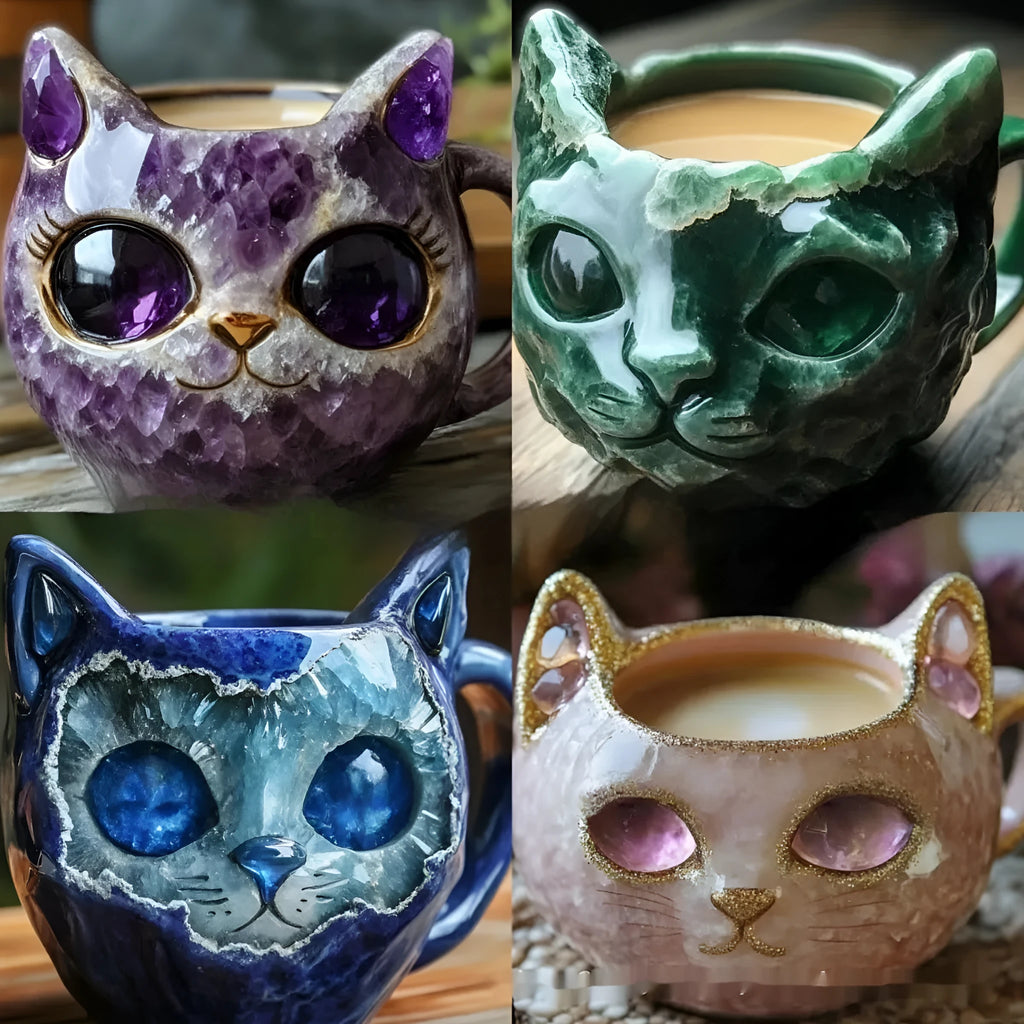 Geode mug resin craft kit with crystal cat design in purple, blue, green, or pink colours.