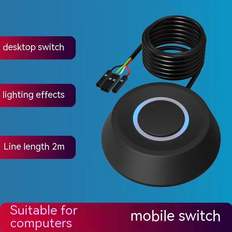 Computer external power supply with start lengthened button in black, white, yellow, green colours and magnetic or wireless switch options