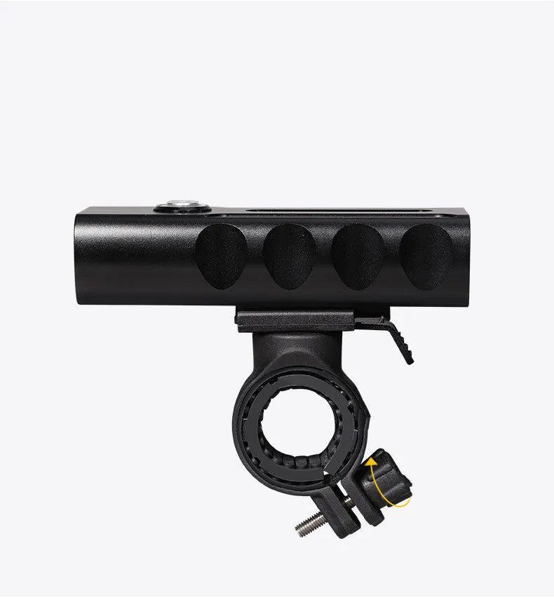 Black rechargeable bicycle headlight with aluminium alloy body and 360-degree bracket on handlebars
