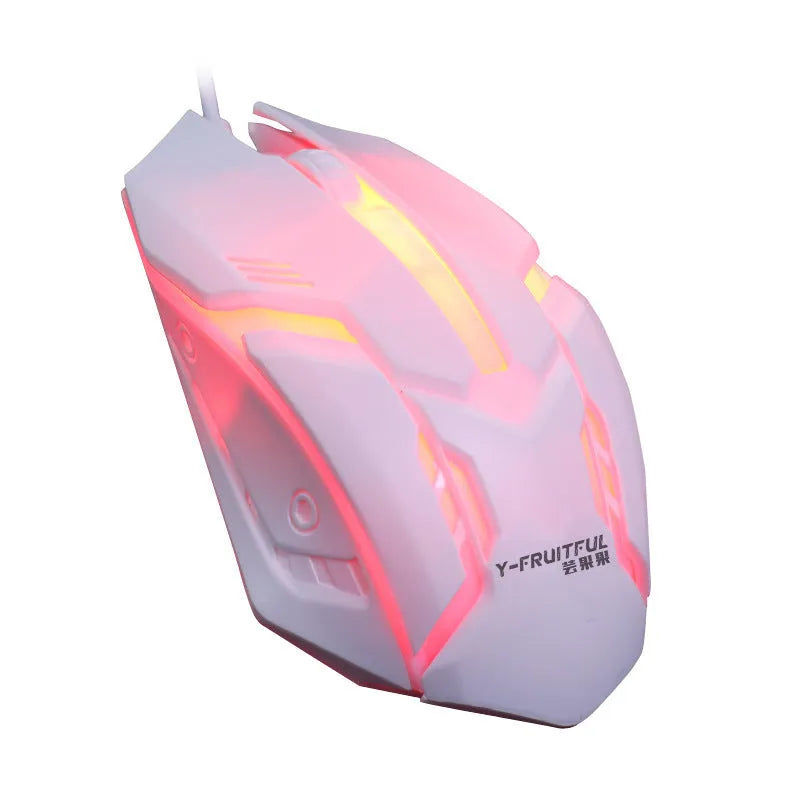 Black and white wired computer mouse with colourful luminous glow effect and USB cable