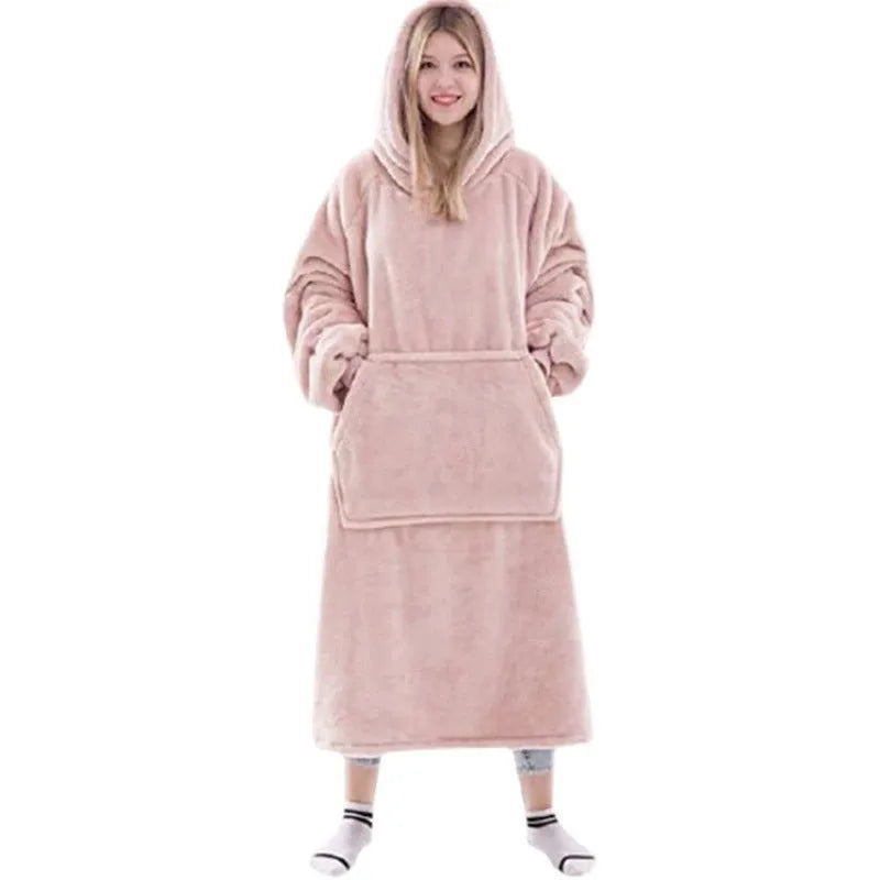 Women's thick flannel blanket hoodie in solid colour with pocket and stitching, pullover style, 80cm length