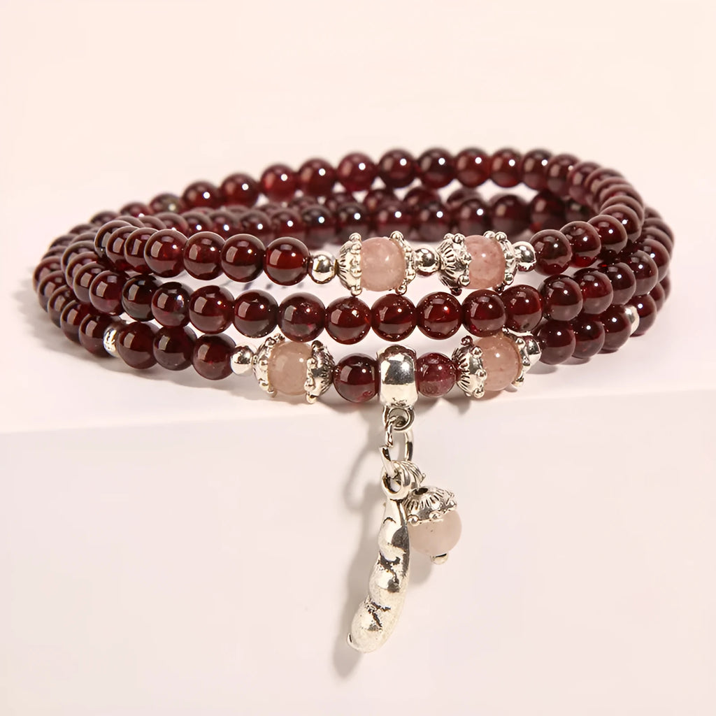 Wine red garnet crystal bracelet with flower design in bohemian style