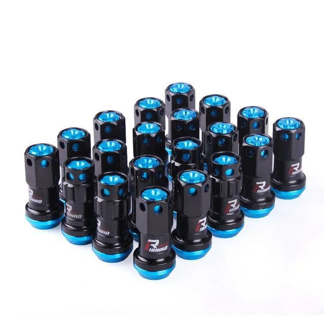 Set of aluminium alloy wheel hub nuts in multiple colour options including black, red, gold, blue, and purple finishes