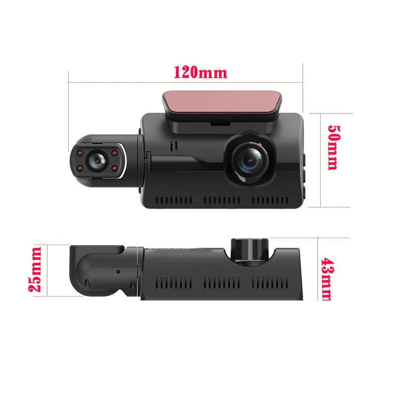 Black 3-inch dual lens car driving recorder with motion detection and WiFi