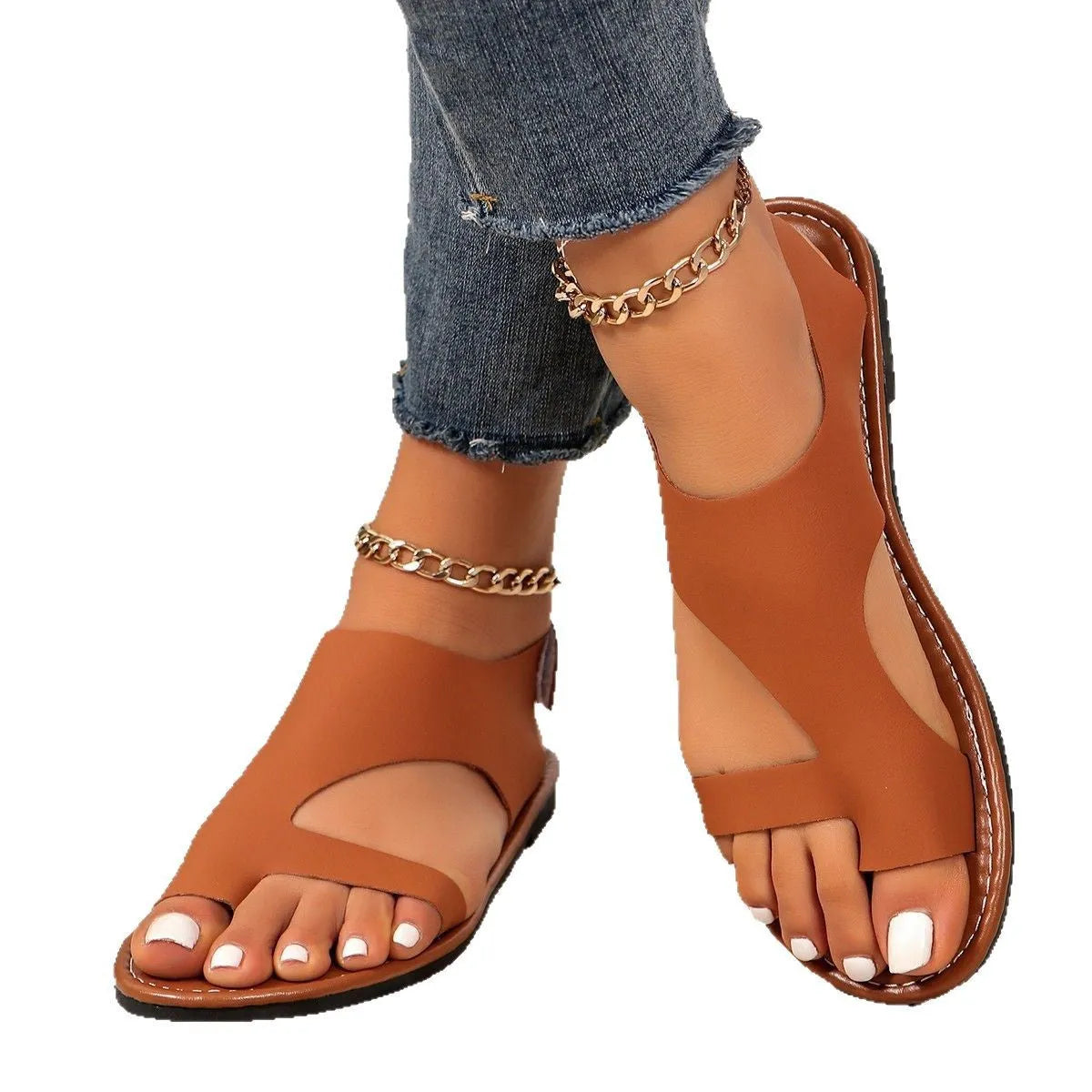 Women's cross-strap flat sandals retro broadband patent PU upper low top round toe summer casual footwear